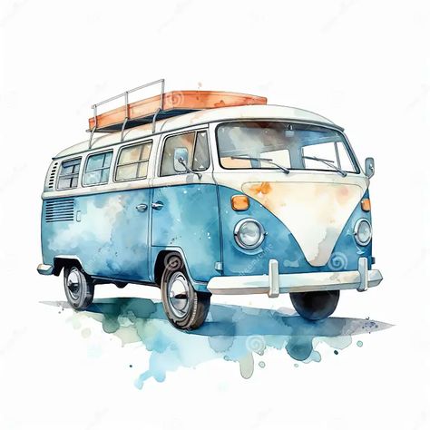 Blue Vw Bus, Vw Bus Watercolor, Vw Bus Illustration, Minivan Illustration, Volkswagen Watercolor, Bus Watercolor Painting, Vw Bus Painting, Car Watercolor Painting, Bus Watercolor