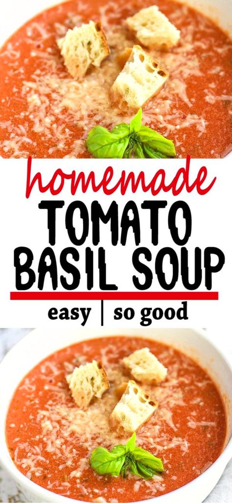 Homemade Tomato Basil Soup, Creamy Tomato Soup Recipe, Easy Tomato Soup Recipe, Basil Soup Recipe, Easy Grilled Cheese, Tomato Basil Soup Recipe, Soup Tomato, Homemade Tomato Soup, Creamy Tomato Basil Soup