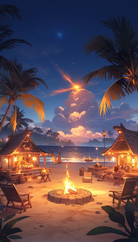 Anime Island Background, Night Beach Illustration, Beach Art Wallpaper, Night Scenery Wallpaper, Beach Concept Art, Fantasy World Illustration, Anime Island, Fantasy Beach, Landscape Beach