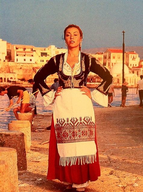 Traditonal cretan costume Crete Outfit Ideas, Crete Fashion, Greek Folk Costume, Greek Traditional Dress, Greece Pictures, Greek Costume, Woodcut Art, Costumes Around The World, Red Indian