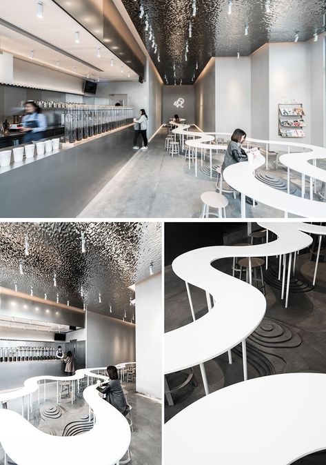 A.A.N ARCHITECTS have designed three locations of HEYTEA, a chain of tea shops in China, that each have their own unique look that features communal seating areas. #Cafe #TeaStore #InteriorDesign #RetailDesign Communal Seating, Creative Seating Ideas, Seating Restaurant, Creative Seating, Tea Shops, Cafe Seating, Coffee Shops Interior, Coffee Shop Design, Cafe Interior Design