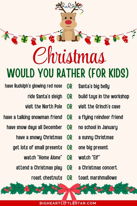 Looking for a kid-friendly Christmas game? These 50 Christmas-themed would-you-rather questions are a hit at family parties or with friends. This printable PDF adds laughs to every gathering, making holiday fun simple and memorable! holiday would you rather, Christmas would you rather questions, Xmas games, fun party games, questions for kids, Christmas party activities, funny would you rather. Christmas Outburst Game, Elf On The Shelf Would You Rather, Fun Christmas Games For Family Free Printable, Would You Rather Christian Questions, Funny Would You Rather Questions Kids, Would You Rather Christmas Edition, Christmas Would You Rather For Kids, Christmas Games For Family Funny Simple, Christmas Party Kids Games