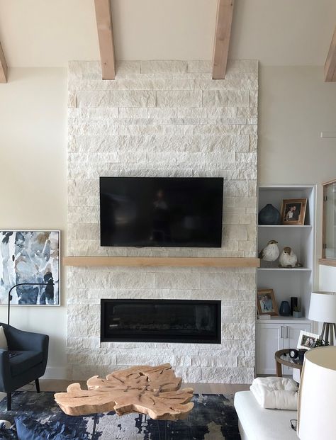 Light Gray Stone Fireplace, Overgrouted Stacked Stone Fireplace, Diy Electric Fireplace Stone, Electric Fireplace With Stone Surround, Faux Fireplace Stone, Air Stone Fireplace Makeover, Rock Electric Fireplace, Versetta Stone Fireplace, White Stacked Stone Fireplace