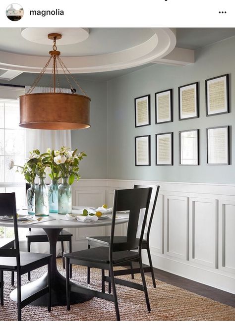 Americana egg Eggshell  Magnolia paint Fixer Upper Dining Room, Wainscoting Kitchen, Dining Room Renovation, Dining Room Wainscoting, Wainscoting Styles, Dining Room Paint, Dining Room Remodel, Rooms Ideas, Dining Room Colors