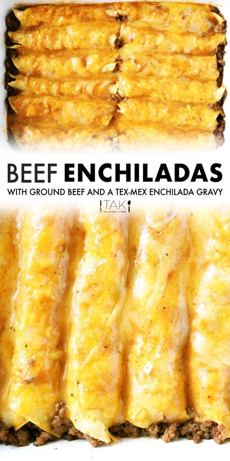 If you are in the mood for an authentic Mexican dinner, look no further than these Cheesy Ground Beef Enchiladas made with corn tortillas and topped with a savory Tex-Mex enchilada gravy and shredded cheese! Texmex Beef Enchiladas, Beef Corn Tortilla Recipes, Mexican Restaurant Enchiladas, Ground Beef Enchiladas Flour Tortillas, Corn Enchiladas Beef, Beef Corn Enchiladas, Ground Beef Tex Mex Recipes, Hamburger Meat Enchiladas, Authentic Beef Enchiladas Mexican Style