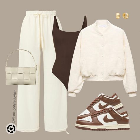 Casual Outfit of the Day. Skims Brown Bodysuit, Acne Studios Trousers and Bomber Jacket Nike Dunk Low Brown Collage Outfits Casual, Cute Bodysuit Outfits, Habits Aesthetic, Preemie Mom, Chic Ootd, Collage Outfits, Brown Bodysuit, Bodysuit Outfit, Y2k Girl