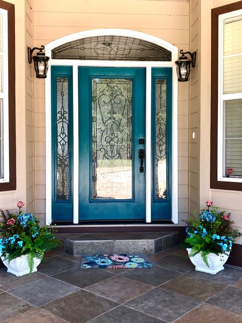 Teal Porch Ideas, Teal Trim House Exterior, Dark Teal Doors Front Entrance, Teal Exterior Door, Teal Doors Front Entrance, Teal Front Door Colors, Front Door Portico, Teal Front Door, Door Portico