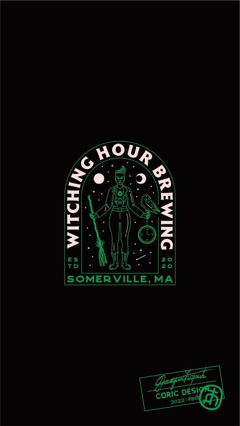 Brand identity project for a small witch-themed brewery in Somerville, MA. The client envisioned a flexible visual identity that would stand out on the shelves. We achieved this with an esoteric approach, celestial green hue & playful “witchy” details. The design was awarded in 2021 by 99designs in the category of Best Branding Design. #brandingdesign #craftbrewery #coricdesign Goth Branding Design, Dark Brand Identity, Goth Logo Design, Witch Graphic Design, Witchy Branding, Witch Cafe, Best Branding Design, Esoteric Design, Dark Branding