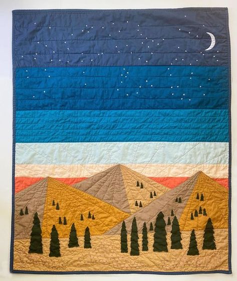 SkyClad Quilts - Nina Dodge on Instagram: "A ski bowl in Tahoe during a summer bloom. This one gave me a chance to create some unique mountains and add tons of detail with hand embroidered wildflowers for a field below. 🌼   #skycladquilts #nightskyquilt #customquilts #constellations #landscapequilt #westernmassmakers #constellations #embroidery #customquilting #quiltersofinstagram #modernquilts" Constellations Embroidery, Embroidered Wildflowers, Nature Quilt, Forest Quilt, Fantasy Nature, Landscape Quilt, Landscape Quilts, Custom Quilts, Quilting Crafts