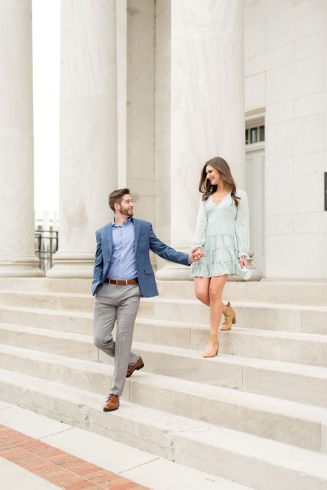 Couple walk down stairs in downtown Huntsville, Alabama. Samantha Webber Photography is a wedding photographer serving Alabama brides. #engagementparty Stair Poses Couple, Couple Photoshoot On Stairs, Couples Photos On Stairs, How To Pose On Stairs Couple, Engagement Photos On Stairs, Staircase Engagement Photos, Stairs Couple Photoshoot, Couple Shoot On Stairs, Couples On Stairs Photography