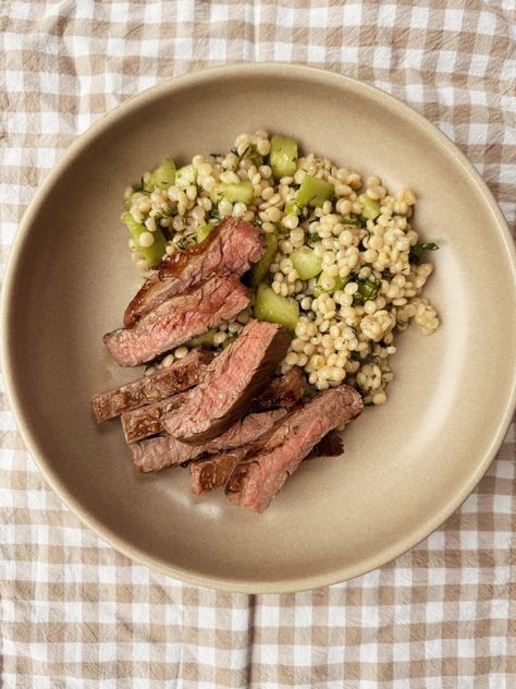 skirt steak with lemon herby couscous salad Steak And Feta Salad, Beef Couscous Recipes, Cuscus Salad, Steak Cobb Salad Recipe, Grilled Skirt Steak With Lemon Herb Couscous Salad, Ambitious Kitchen Kale Couscous Salad, Grilled Romaine Salad, Couscous Recipes, Couscous Salad