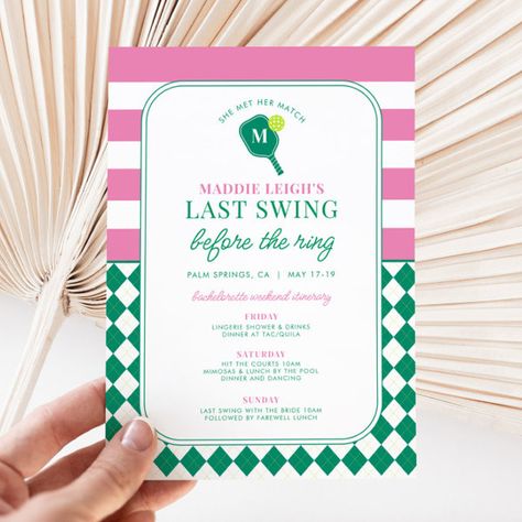 Pickleball Last Swing Before the Ring Invitation Nashville Bachelorette Invitations, Sporty Bachelorette Party, Pickleball Bachelorette Party, Pickleball Bachelorette, Ring Bachelorette Party, Pickleball Party, Bach Bash, Bachelorette Weekend Itinerary, Scottsdale Bachelorette