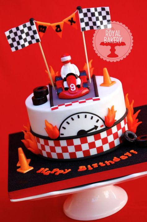 Go Kart Cake - A cake for a birthday boy having a go-karting party. Everything modeled from fondant except the edible image flags. Dental floss holds up the bunting. Go Kart Cake, Go Kart Party, Birthday Cake For Boys, Auto Party, Race Car Cakes, Cars Birthday Cake, New Birthday Cake, Race Car Birthday, Car Cake