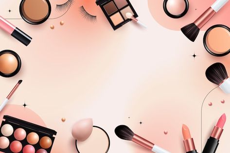 Realistic makeup background | Free Vector #Freepik #freevector #lipstick-background #make-up-table #lipstick-brush #makeup-background Makeup Artist Background, Make Up Background Design, Makeup Template Background, Background Cosmetic Beauty, Beauty Background Design, Cosmetic Background Design, Suttle Makeup, Makeup Backgrounds Wallpapers, Lipstick Background