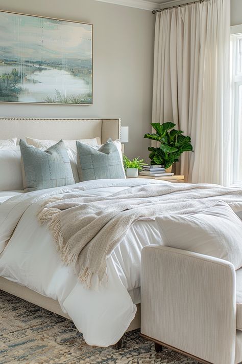 Transform Your Bedroom into a Serene Oasis with Elegant Neutrals & Blues Light Blue And Beige Bedroom, Modern Farmhouse Bedrooms, Tan Bedroom, Boho Master, Light Blue Bedroom, Bedroom Revamp, Textured Throw Blanket, Made Bed, Airy Bedroom