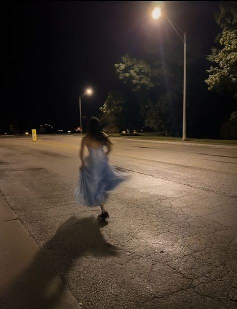 Going To Prom Alone, Running Down The Street Aesthetic, Running In A Dress Aesthetic, Night Prom Pictures, Aesthetic Pictures Street, Girl Running Aesthetic, Running In Dress, Runaway Vibes, Prom Photos Ideas