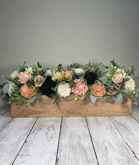 Floral Wedding Centerpieces, Flower Box Centerpiece, Rustic Floral Wedding, Wood Box Centerpiece, Fireplace Mantles, Bowl Decor, Whimsical Flower, Wood Centerpieces, Flower Table