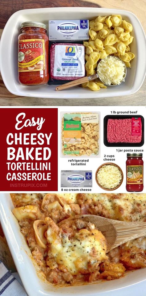 Easy Cheesy Baked Tortellini With Meat Sauce | If you’re looking for cheap and easy dinner recipes for the family, this cheesy baked tortellini casserole is THE BEST simple weeknight meal for picky eaters! Who doesn’t love tortellini? Cute pasta stuffed with cheese, yes please. It’s even better when it’s tossed with a creamy meat sauce and then baked with mozzarella and parmesan sprinkled over top. This simple dinner recipe is perfect for busy moms and dads, especially on hectic weeknights. Baked Tortellini With Sausage, Cheesy Meat Sauce Baked Tortellini, Johnny Carinos Baked Cheese Tortellini, Sausage Stuffed Tortellini Recipes, Easy Tortilini Recipe, Cheesy Baked Tortellini Casserole With Meat Sauce, Crockpot Frozen Tortellini Recipes, Stuffed Tortellini Recipes Pasta Dishes, Tortalini Casserole Recipes