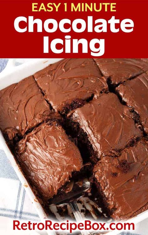 Easy 1 Minute Chocolate Icing is a sweet, chocolatey frosting for cakes, brownies, and bundt cakes. This retro chocolate frosting recipe is very flavorful and goes with most kinds of cake. retrorecipebox.com #frosting #icing #chocolate One Minute Chocolate Frosting, Easy Icing For Chocolate Cake, Chocolate Bundt Cake Icing, Chocolate Cooked Frosting, Chocolate Topping For Brownies, Chocolate Bundt Cake Frosting, Small Batch Chocolate Frosting Recipe, Brownie Icing Recipe Easy, Easy Chocolate Frosting Recipes For Cake