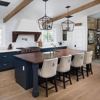 Dark Blue Island with Walnut Countertop - Transitional - Kitchen Rustic Contemporary Kitchen, Kitchen Island With Butcher Block, Island With Butcher Block Top, Contemporary Black Kitchen, Kitchen Island With Butcher Block Top, Navy Island, Blue Kitchen Island, Kitchen Island Tops, Navy Blue Kitchen