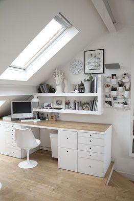 white workspace | from ShootFactory | Anna @ D16 | Flickr Tiny Office Space Ideas, Attic Inspiration, Attic Office, Tiny Office, Attic Bedroom Designs, Loft Office, Attic Bedrooms, Attic Spaces, Attic Renovation