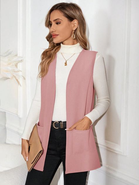 Chaqueta casual sin mangas de ajuste regular en unicolor para mujer, ideal para uso diario Rosa vieja Elegante  sin mangas Tela Liso Chaleco Elástico Ligero Otoño Women Clothing, size features are:Bust: ,Length: ,Sleeve Length: Prophetic Activation, Pink Vest Outfit, Gilet Outfit Women, Gilet Outfit, Long Vest Jacket, Rose Outfit, Vest Outfits For Women, Plain Vest, Minimal Outfit