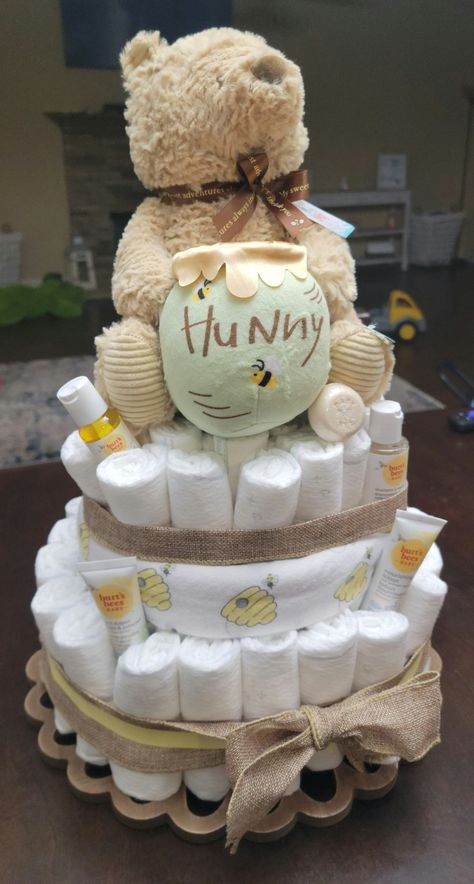 Neutral Diaper Cake Ideas, Pooh Bear Diaper Cake, Gender Neutral Diaper Cake Ideas, Simple Diaper Cake, Gender Reveal Diaper Cake, Bee Diaper Cake, Diaper Cake Gender Neutral, Gender Neutral Diaper Cake, Winnie The Pooh Diaper Cake