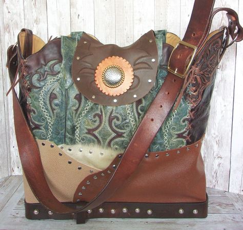 Cowboy Boot Laptop Tote LT44 https://christhompsonbags.com/products/large-leather-western-laptop-tote-hand-crafted-from-cowboy_boots Chris Thompson Bags #Hot Leather Embellishments, Boot Purse, Totes Boots, Western Travel, Cowboy Boot Purse, Leather Laptop Tote, Handmade Leather Purse, Custom Purses, Western Handbags