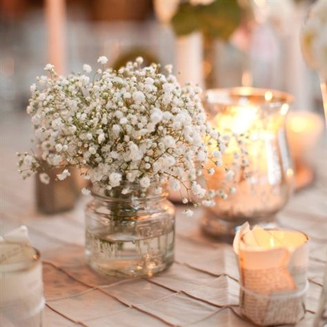 small jars of babies breath, votive candles and mercury glass candles scattered around table. Romantic Wedding Centerpieces, Breath Flowers, Babies Breath, Wedding Elegant, Romantic Decor, Mod Wedding, Deco Floral, Baby's Breath, Decoration Table