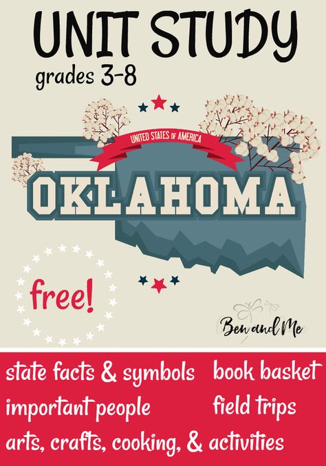 FREE Oklahoma Unit Study for grades 3-8 -- learn about the "Sooner State" with books, arts and crafts, recipes, and more! #homeschool #homeschooling #unitstudies #oklahoma #homeeducation Oklahoma Art, Chickasaw Nation, 3rd Grade Social Studies, Edmond Oklahoma, Fall Writing, Oklahoma History, Social Studies Elementary, Book Baskets, History Activities