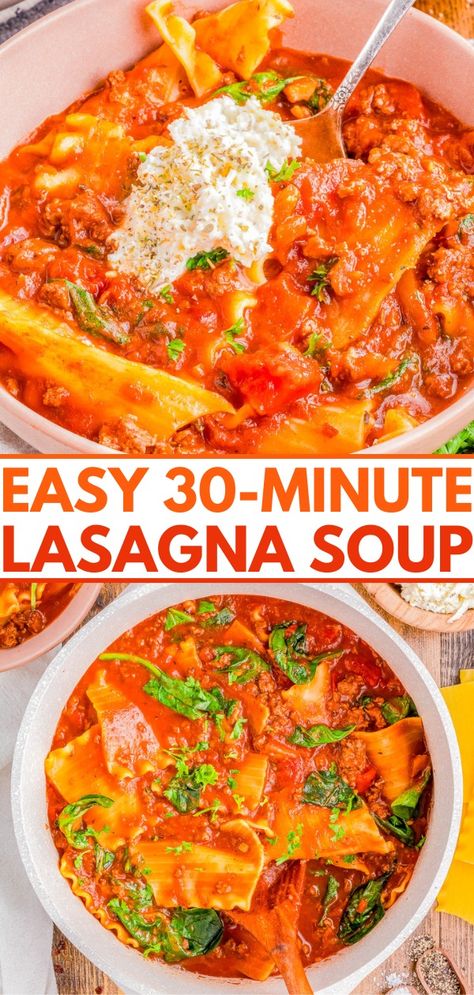 Lasagna Soup - Averie Cooks Bisque Recipes, Easy Lasagna Soup, Sausage Tortellini Soup, Lasagna Soup Recipe, Soup With Ground Beef, Hearty Comfort Food, Ground Italian Sausage, Lasagna Soup, Three Cheese