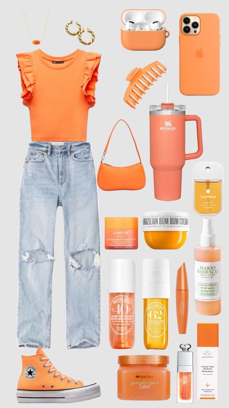 Cute Outfit Layouts For School, Preppy Outfits Collage, Preppy Outfit Inspo Summer, Trendy Preppy Outfits, Preppy Orange, Basic Girl Outfit, Preppy Outfits For School, Bright Outfits, Preppy Inspiration