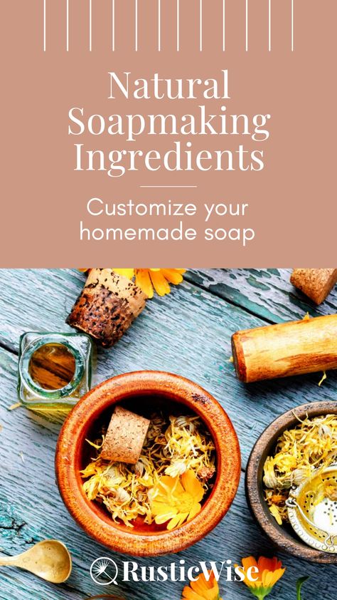 Looking to create natural, nourishing homemade soap? 🧼 Check out this list of the best herbs, botanicals, and other ingredients to use! 👇 From calendula to chamomile, these additives offer amazing skin benefits. What's your favorite natural soap ingredient? Let me know! 😊  http://rusticwise.com/natural-ingredients-for-homemade-soap/  | DIY | soap making | Diy Soap Bars For Beginners Natural, Diy Organic Soap Recipe, Homemade Organic Soap Recipes, Homemade Bar Soap Recipe, Organic Soap Recipe, Natural Soap Making Recipes, Homemade Organic Soap, Homemade Bars, Natural Soaps Recipes