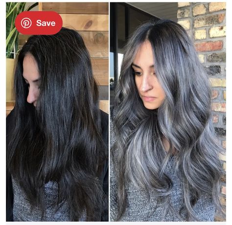 Grey Transition Hair Highlights, Dark Silver Hair, Grey Hair Model, Natural White Hair, Brunette With Blonde Highlights, Dark Grey Hair, Grey Hair Care, Gray Balayage, Grey Hair Dye