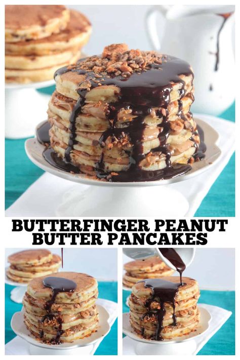 Pancakes Fancy, Fancy Pancakes, Butterfinger Dessert, Dessert Pancakes, Butter Finger Dessert, Reeces Pieces, Cheesecake Pancakes, Pancake Dessert, Peanut Butter Pancakes