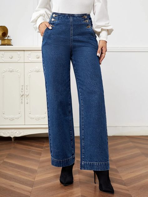 SHEIN Essnce Jeans de pierna recta de talle alto con diseño de botón | SHEIN USA Outfit Elegantes, Office Work, Pants Outfit, Button Detail, Straight Leg Jeans, Women Clothing, Leg Jeans, Mom Jeans, Winter Outfits