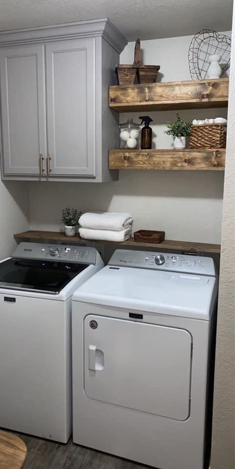 Small Dark Laundry Room Ideas, Landuary Room Ideas Diy, Laundry Room Ideas One Cabinet, Laundry Room Cabinet With Shelves, Laundry Room Cabinets Above Washer Dryer, Big Laundry Room Design, Small Laundry Room Makeover Before And After, Laundry Room Storage Above Washer Dryer, Laundry Alcove Ideas