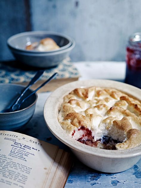 Queen of puddings | Jamie Oliver dessert recipes Queen Of Puddings Recipes, Homemade Fish And Chips, Queen Of Puddings, Fakeaway Recipes, British Recipes, Jamie Oliver Recipes, 5 Ingredient Recipes, Healthy Family Meals, Chicken Pasta Recipes