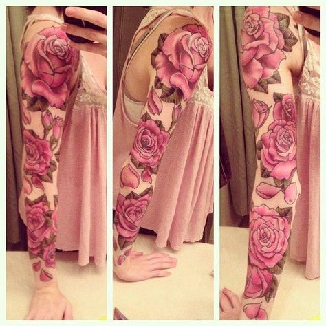 Tattoos Floral, Mangas Tattoo, Pink Rose Tattoos, Rose Tattoo Sleeve, Rose Sleeve, Floral Tattoos, Tattoo Rose, Floral Tattoo Sleeve, Tattoos Geometric