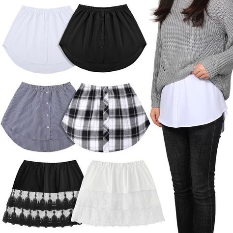 PRICES MAY VARY. Assorted Styles to Choose: you will receive 6 pieces of short extenders in 6 kinds of styles, including blue vertical stripe, black and white plaid, pure white, pure black, white lace and black lace pattern designs, sufficient quantity, styles and colors to wear, exchange and share with others Various Occasions Supply: featuring classic white, blue and black colors, exquisite lace hem, plaid styles, stripes with buttons, the shirt extender for women is not only suitable for daily wear to cover your waist and hip, as well as shape your legs, but also ideal for cocktail parties, work, sports, traveling and more; You may alter different styles according to your needs Practical and Functional: the mini half slip features a short front hem and a bit long back hem, adopting a la Lace Shirt Extender, Black Lace Pattern, Shirt Extender, Sewing Clothes Women, Half Slip, Plaid Fashion, Refashion Clothes, Clothing Hacks, Dress Sewing Patterns