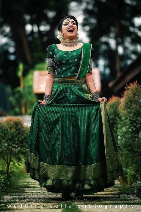 If you are looking for more such bridal lehengas in the hues of Green, head to our blog for more Ideas. Click on the link attached below.  #indianwedding #shaadisaga #intimatewedding #bridallehenga #bridalfashion #greenlehenga #pastelgreenlehenga #embroideredlehenga #weddinglehenga #indianweddingtrends Kerala Engagement Lehenga, Kerala Engagement Dress, South Indian Wedding Saree, South Indian Bride Saree, Engagement Lehenga, Lehenga Saree Design, Indian Outfits Lehenga, Simple Engagement, Wedding Lehenga Designs