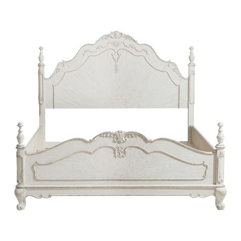 Features :  One expertly crafted full bed  Durable birch veneer and engineered wood construction  Draped style arched back for added elegance  Alluring carved floral motifs  Graceful carved finial accents at the top of each post  Beautiful turned front legs with straight back legs  Antique white with gray rub finish  Includes headboard, footboard and rails  Box spring required  Classic, traditional style  Check out our Princess collection for more options  83L x 59W x 56H, in inches            D Cinderella Collection, White Queen Bed, Tv Armoire, Queen Panel Beds, Youth Bedroom, Bedroom Panel, Poster Bed, Wholesale Furniture, White Queen