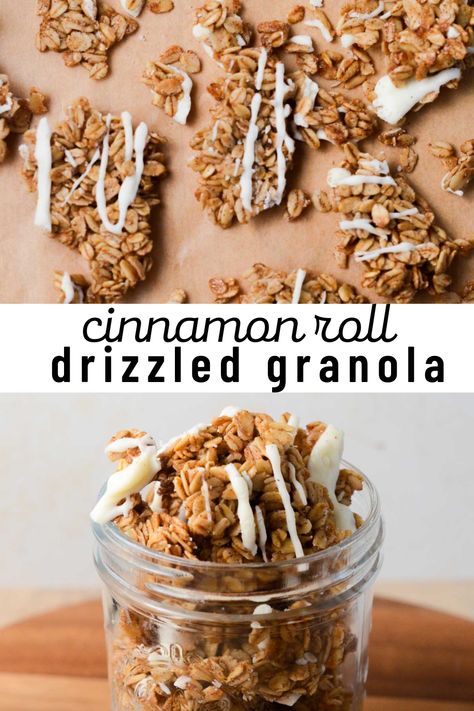 Cinnamon Bun Granola, Homemade Nut Free Granola, Homemade Granola Nut Free, Granola Recipe Cinnamon, Granola Gift Ideas, Cinnamon Roll Granola, Homeade Granola, Holiday Granola, Nut Free Granola Recipe