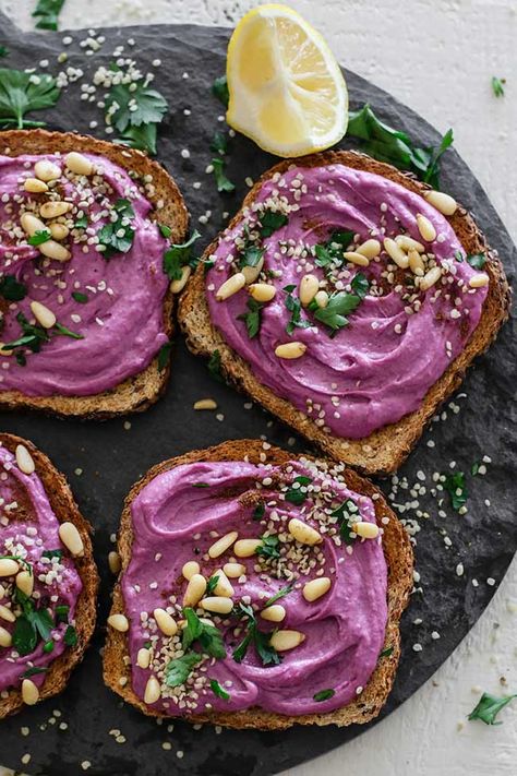 Sweet Potato Tahini, Vegan Grill, Hummus Toast, Potato Hummus, Sweet Potato Hummus, Purple Sweet Potato, Purple Food, Purple Sweet Potatoes, Think Food