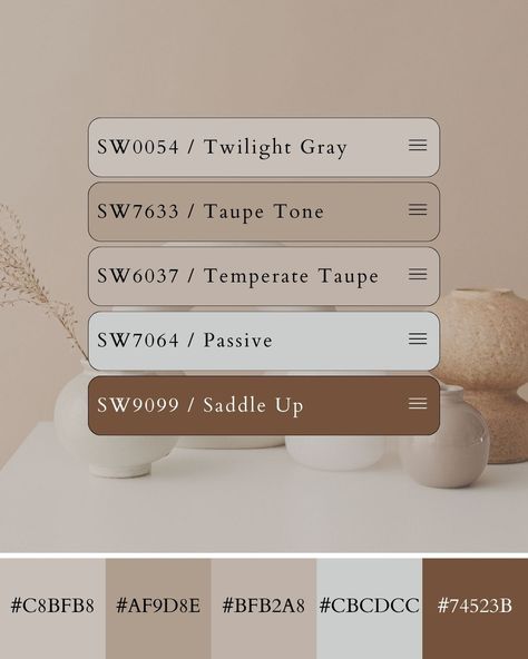 This minimalist neutral color palette features cream, beige, and brown hues. It is inspired by the cream-colored donut vase next to other cute decorative vases in taupe and brown colors. This unique, minimalist palette is relaxing and looks great in any home! I included the color hex codes and the Sherwin-Williams paint color matches 🎨. 📷 Karolina Grabowska (photo) #colorpalette #colorpaletteinspo #colorpaletteideas #neutralcolorpalette Color Hex Codes, Yoga Branding Design, Minimalist Color Palette, Warm Minimalist Home, Donut Vase, Hex Color, Yoga Branding, Minimalist Color, Paint Color Schemes