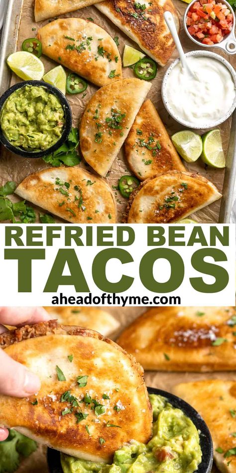 These Crispy Refried Bean Tacos made with crispy, golden-brown tortillas, perfectly seasoned refried beans, and a handful of your favorite garnishes will have you hooked! Made from scratch in less time than it takes to order takeout, you’ll want to make these again and again. All of the ingredients for these refried bean tacos are common pantry staples you probably already have on hand. | aheadofthyme.com #crispytacos #beantacos via @aheadofthyme Fried Bean Tacos, Refried Beans Tacos, Crispy Bean Tacos, Pinto Bean Tacos, What To Make With Refried Beans, Recipes Using Refried Beans, Refried Beans Recipe Meals, Bean Tacos Recipes, Refried Beans Recipe Canned