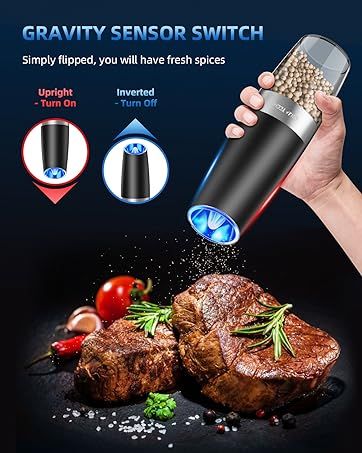 【Automatic Operation】Our Electric Pepper and Salt Grinder with Gravity sensor switch, you even needn’t to press a button, Simply flipped the grinder and you will have fresh ground spices, Convenient and funny. Battery powered, each grinder requires 6 AAA batteries (batteries not included). Kitchen Professional, Electric Pepper Grinder, House Appliances, Home And Kitchen Products, Best Kitchen Tools, Gifts For Son, Salt Grinder, Kitchen Finds, Smart Cooking