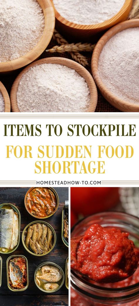 Be prepared for emergencies with these 23 essential items to stockpile in case of a sudden food shortage. #EmergencyPreparedness #Stockpiling #SurvivalTips Preparing For Food Shortage, How To Stockpile Food, Food Stockpile Checklist, Long Term Storage Food, Preppers Pantry Stockpile, Emergency Food Supply List, Stockpiling Food, Flour Image, Food Supply List