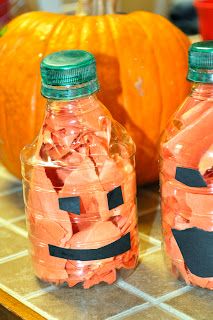 Water Bottle Pumpkin Jack-O-Lantern then you could use them as pins for bowling! Pumpkin Bottles, Pasta Skeleton, Halloween Arts, 3 October, Pumpkin Craft, Pumpkin Activities, October Crafts, Halloween Arts And Crafts, Halloween Preschool