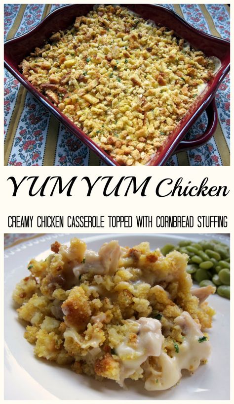 YUM YUM Chicken Casserole - chicken, sour cream, cream of chicken and celery soup topped with cornbread stuffing - quick weeknight recipe! Kid friendly casserole. Use rotisserie chicken for quick assembly. Rotisserie Chicken And Stuffing Casserole Allrecipes, Kid Friendly Casserole, Stuffing Easy, Chicken Sour Cream, Use Rotisserie Chicken, Creamy Chicken Casserole, Casserole Chicken, With Cornbread, Cornbread Stuffing